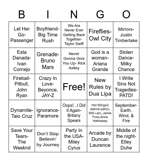 NHS Music Bingo Card