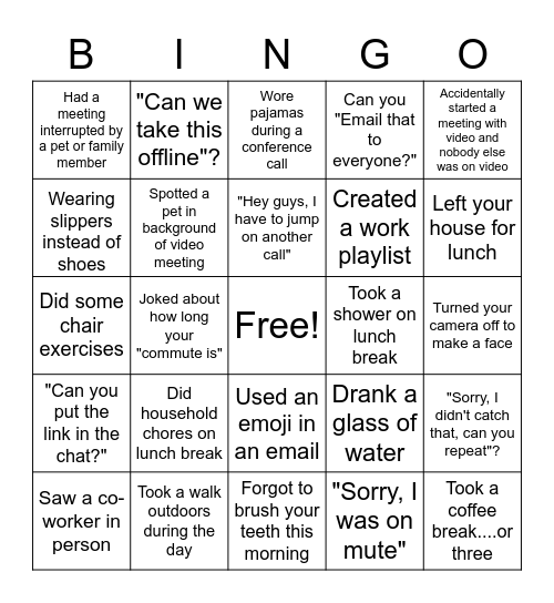 Remote Work Bingo Card