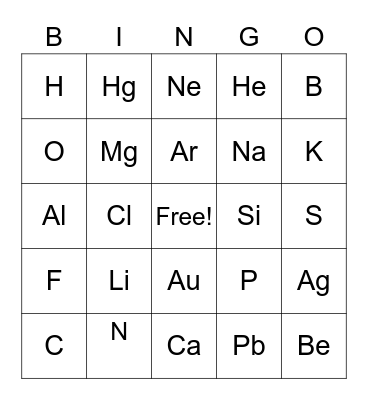 Elements of the Periodic Table Bingo Card