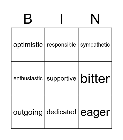 Personality adjectives Bingo Card