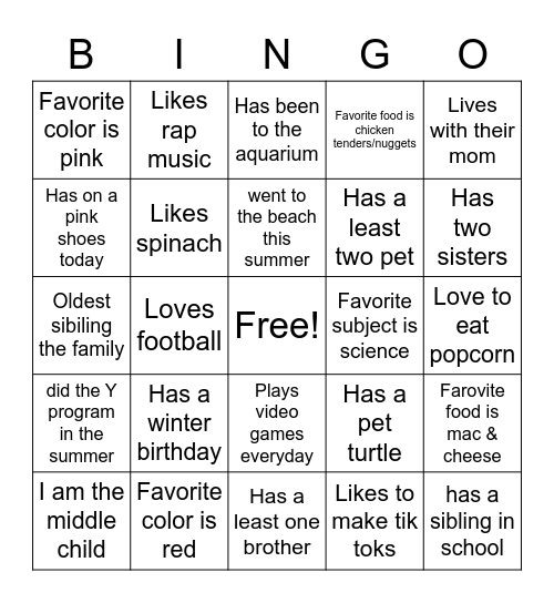 All About Me Bingo Card