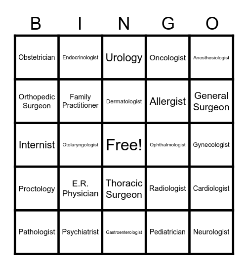 Medical Specialist Bingo Card