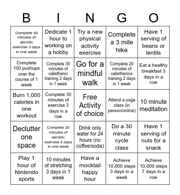 Blackout Fitness Bingo October Bingo Card