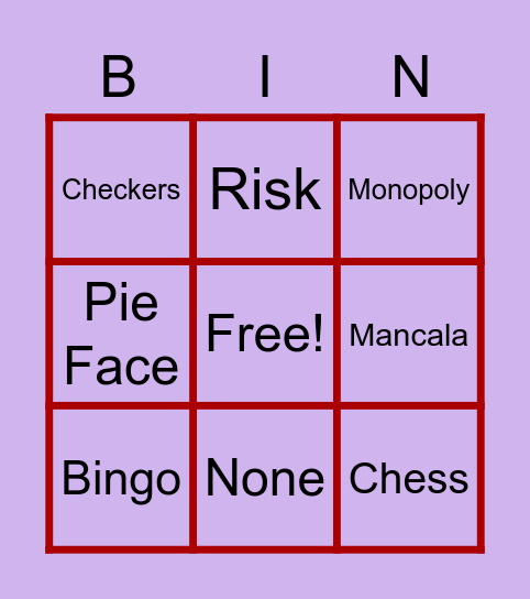 Board Game Bingo Card