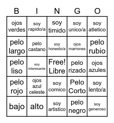 Spanish Adjectives Bingo Card