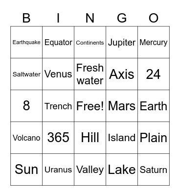Landforms + Solar System Bingo Card