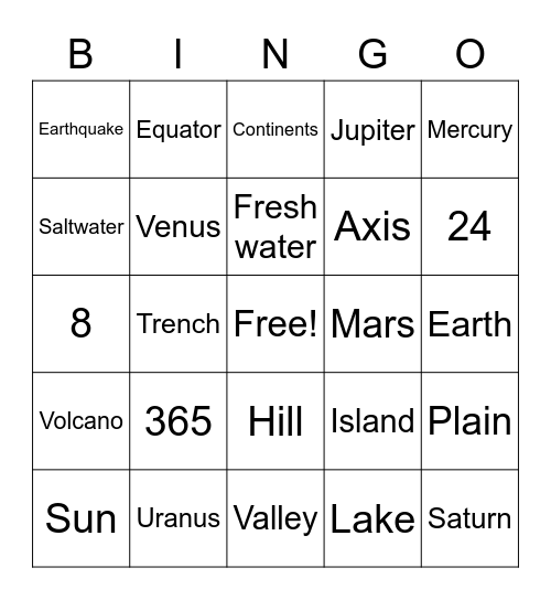 Landforms + Solar System Bingo Card