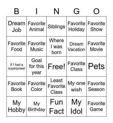 All About Me Bingo Card