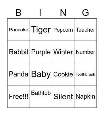 2 syllable bingo Card
