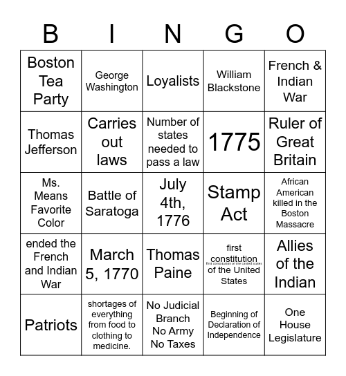 American Revolution Bingo Card