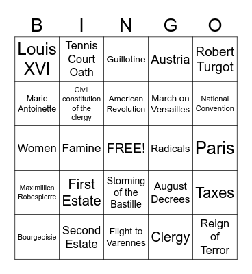 The French Revolution Bingo Card