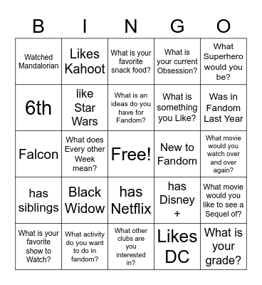 Fandom Frenzy Getting To Know You Bingo Card