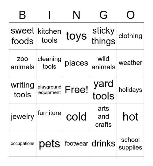 categories Bingo Card