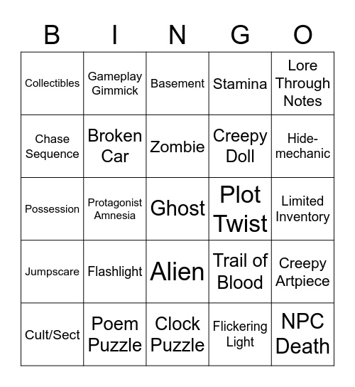 Horror Game Bingo Card