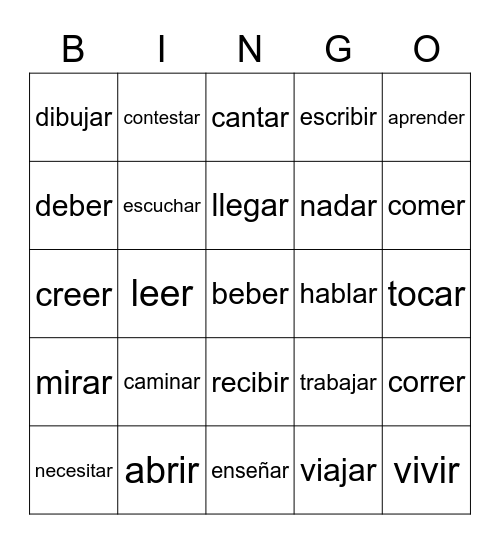 Spanish Verbs Bingo Card