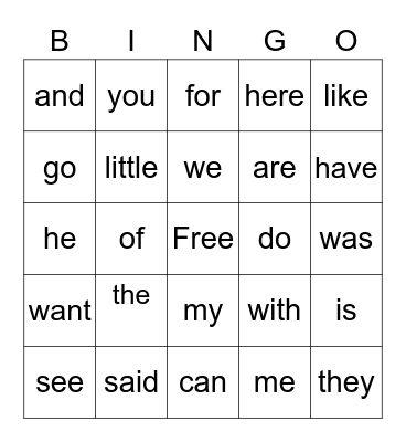 Sight Words Bingo Card