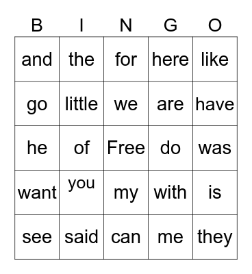 Sight Words Bingo Card