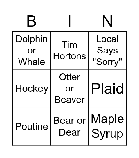 Vancouver Island Bingo Card