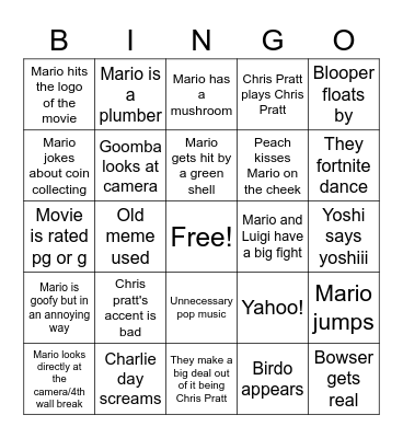 Mario Movie/movie trailer Bingo Card