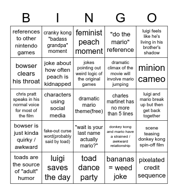 Mario Movie Bingo Card