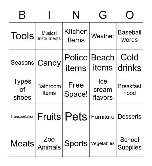 Category Bingo Card