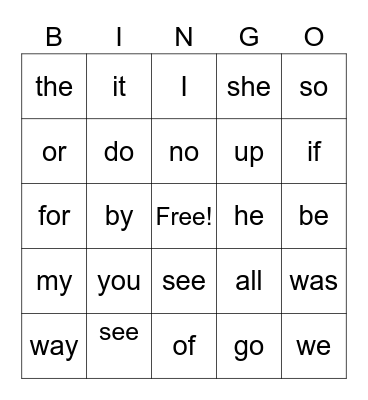 Sight Words Bingo Card