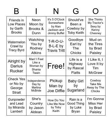 90's and 2000's Country Bingo Card