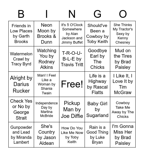 90's and 2000's Country Bingo Card