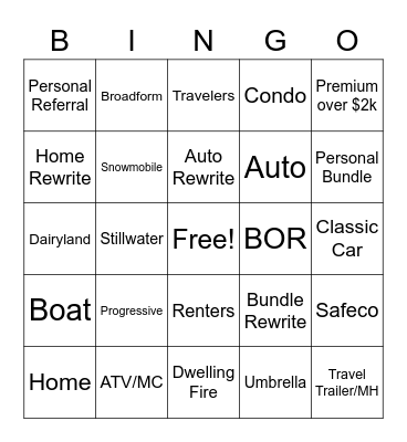 Redman Insurance Bingo Card