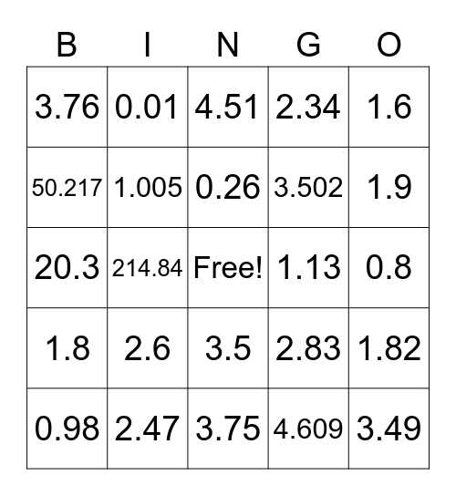 Decimal Subtraction Bingo Card