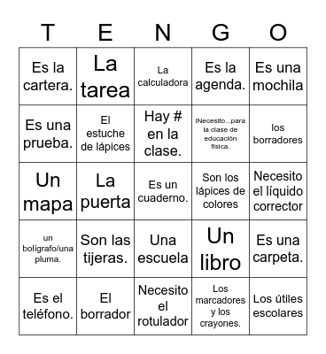 El Vocabulario de la Escuela Bingo Card