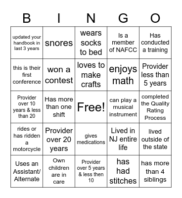 Family Childcare Getting to Know You Bingo Card
