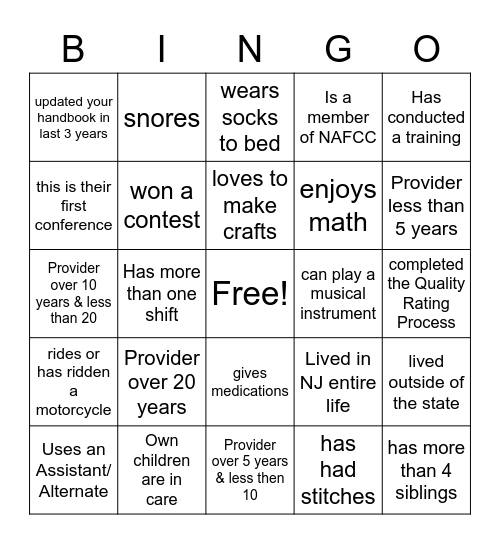 Family Childcare Getting to Know You Bingo Card