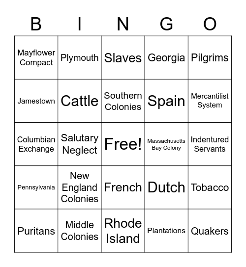 Colonization Bingo Card