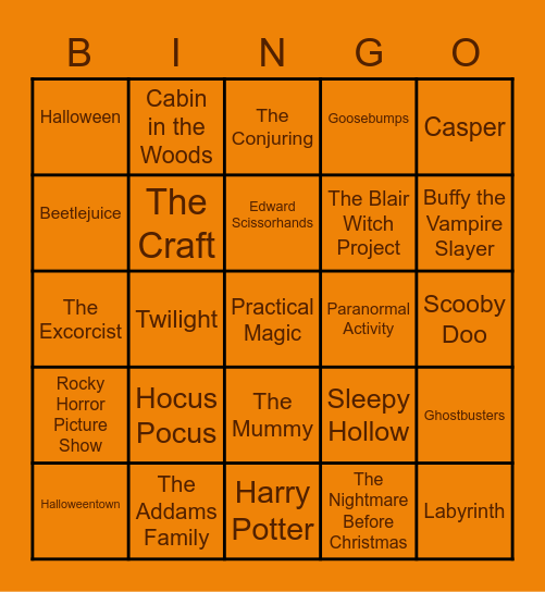 Spooky Movie Bingo Card