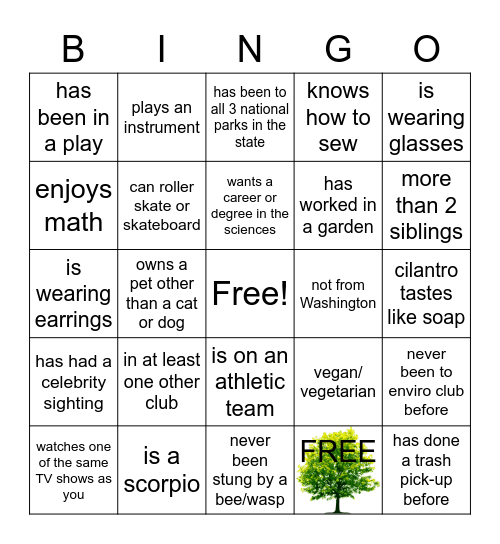 Environmental Club Bingo! Bingo Card