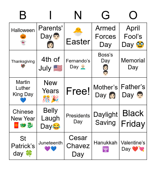 Holidays Mix Bingo Card