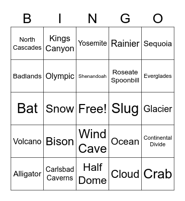 USA National Parks Bingo Card