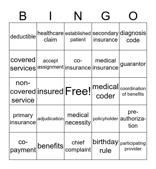 Insurance Reimbursement Bingo Card