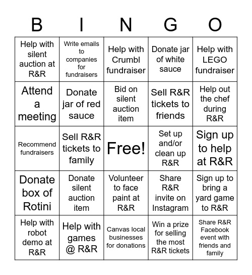 Fundraising Bingo Card