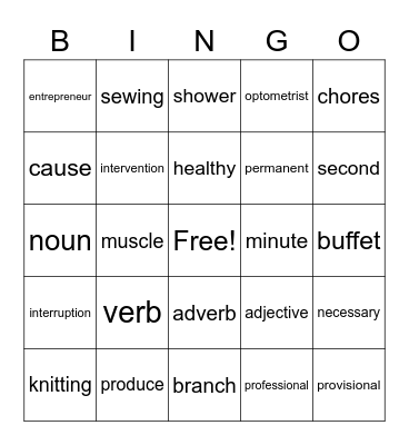 ESL 2/3 vocabulary bingo Card