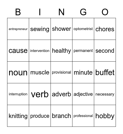 ESL 2/3 vocabulary bingo Card