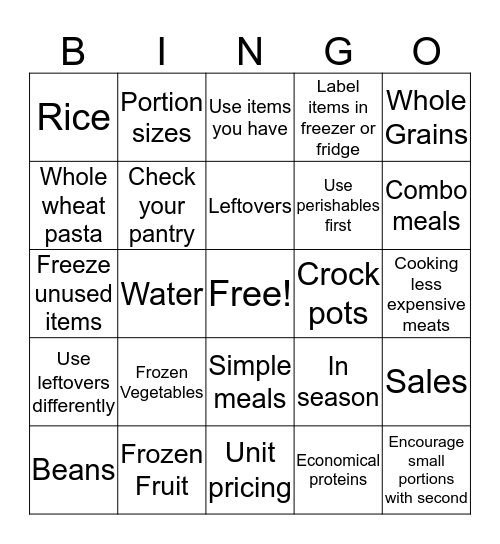 Healthy Eating on a Budget Bingo Card