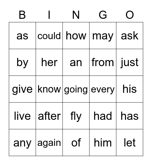 Dolch First Grade Sight Word Bingo Card