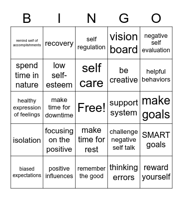 Self Esteem Bingo Card