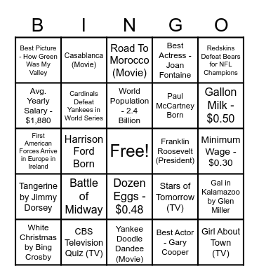 Born In The Year 1942!!! Bingo Card