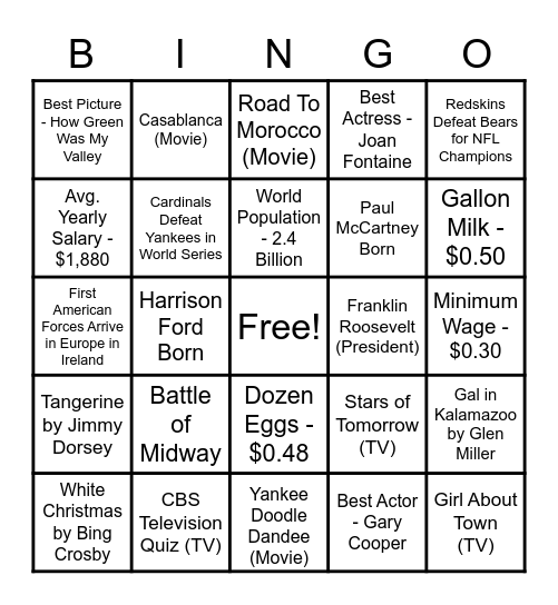 Born In The Year 1942!!! Bingo Card