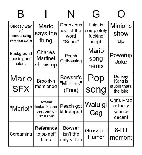 Mario Trailer Bingo Card