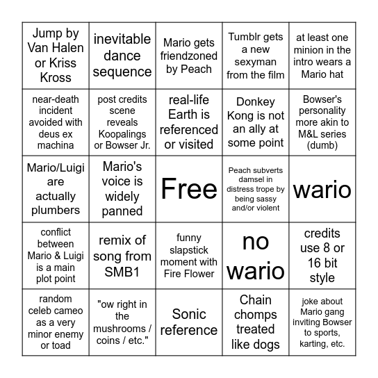 Super Mario Movie Bingo Card