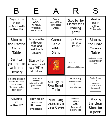 Blackwell Preschool's Back to School Night BINGO Card
